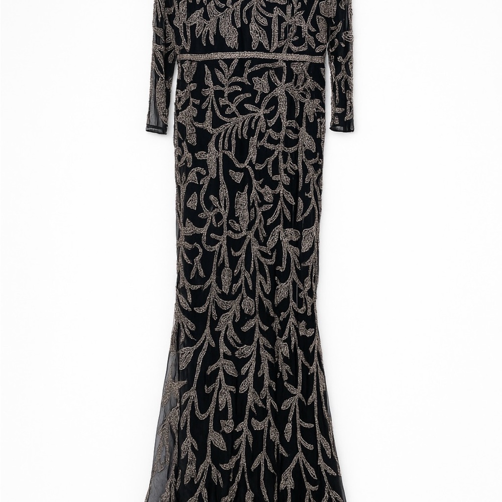 Primavera Couture Black and Silver Gown with Cuffed Sleeves